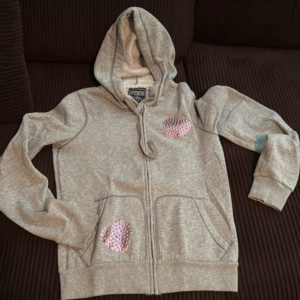 PINK by Victoria’s Secret, grey hoodie embellished with pink hearts/studs Size M - Picture 3 of 14